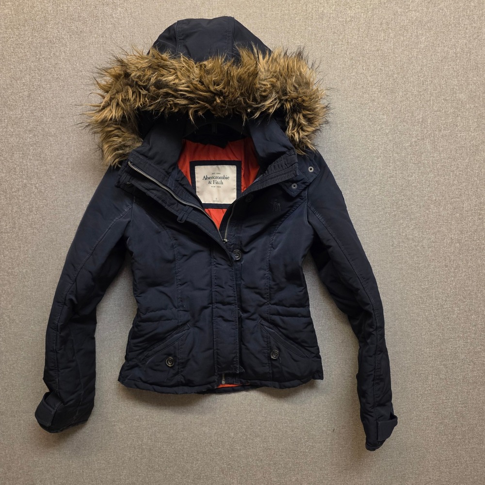 Abercrombie & Fitch Navy Faux Fur Hood Puffer Jacket Womens Small Y2K